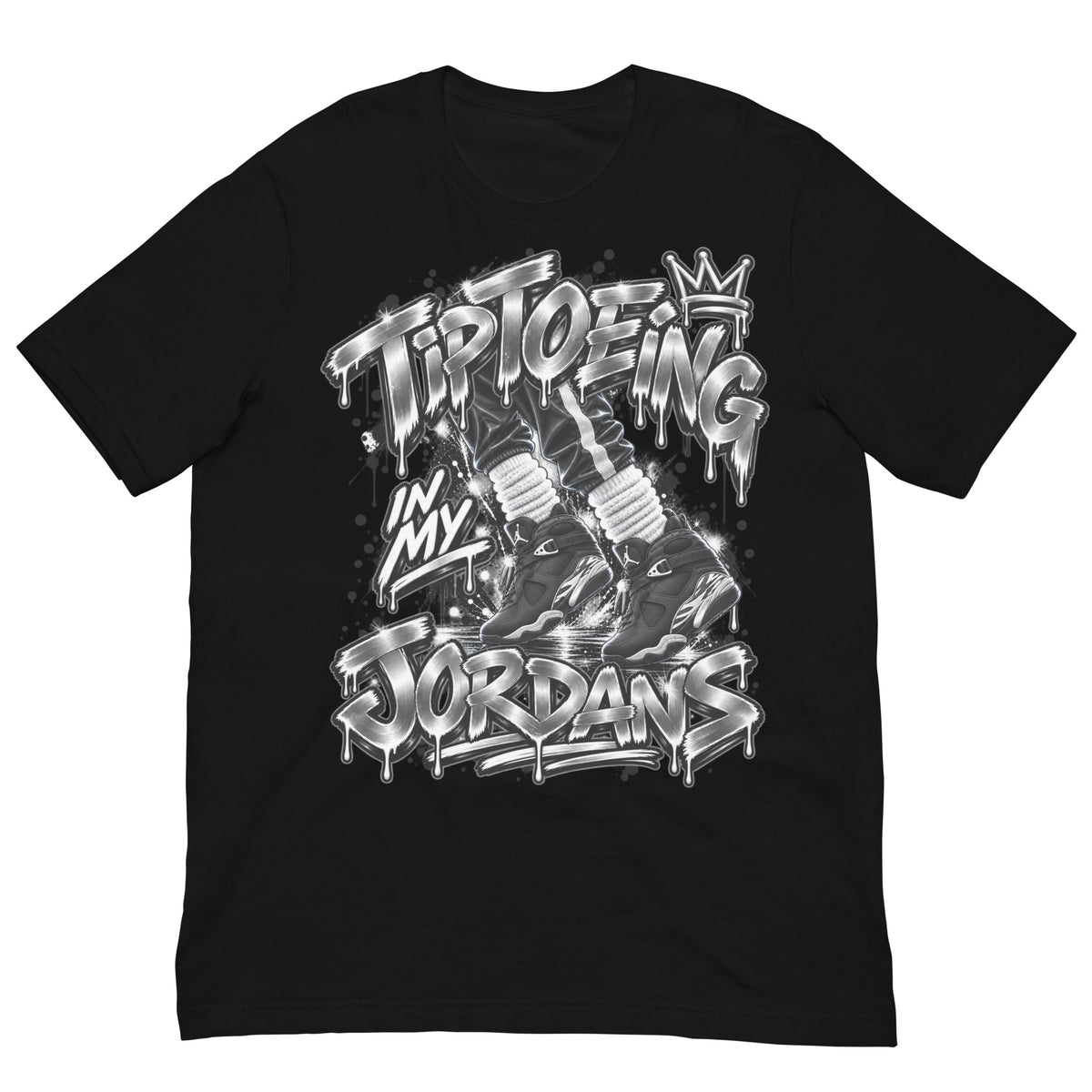 Air Jordan 8 Chrome graffiti tee by Tiptoeing in My Jordans, Black, front view
