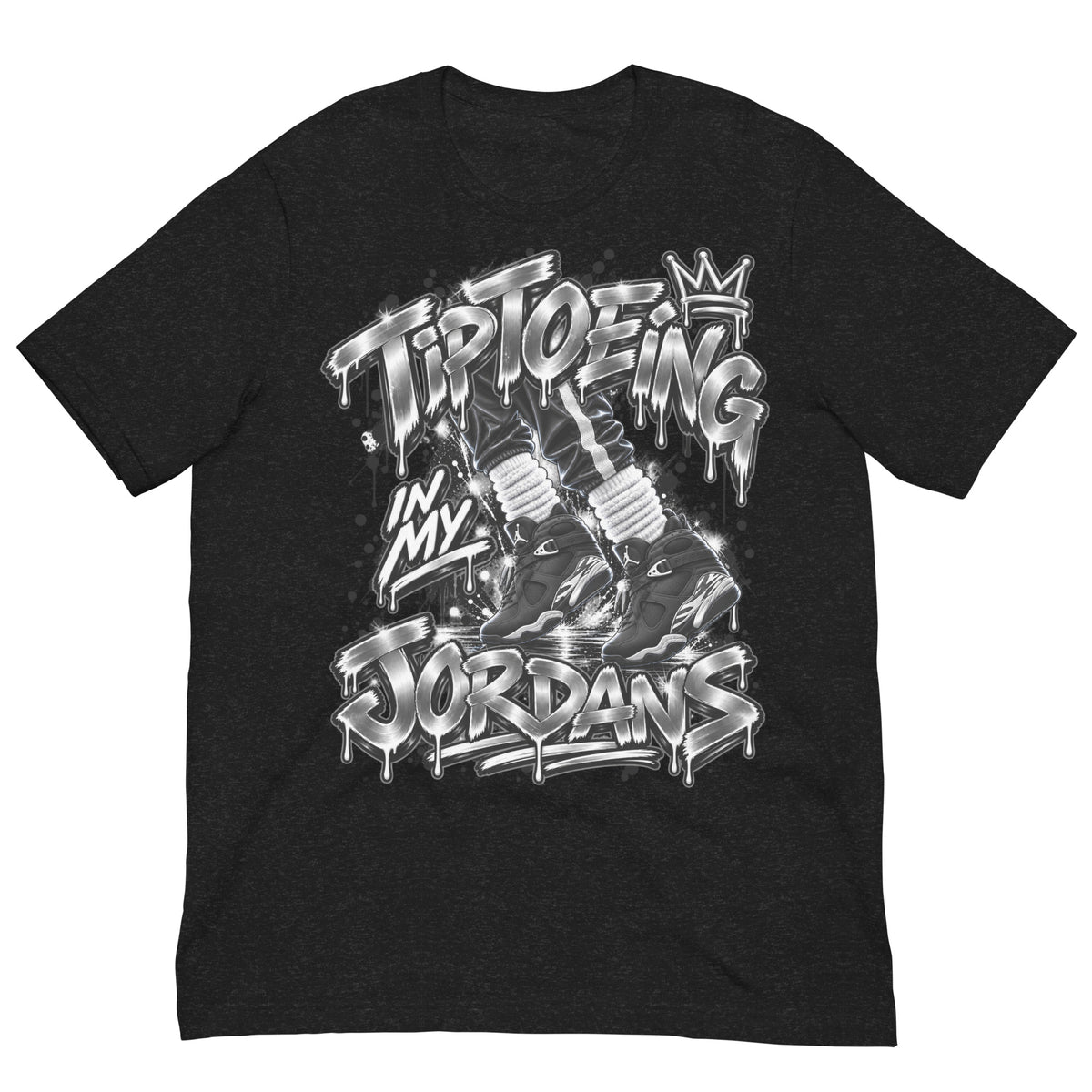 Air Jordan 8 Chrome graffiti tee by Tiptoeing in My Jordans, Black Heather, front view